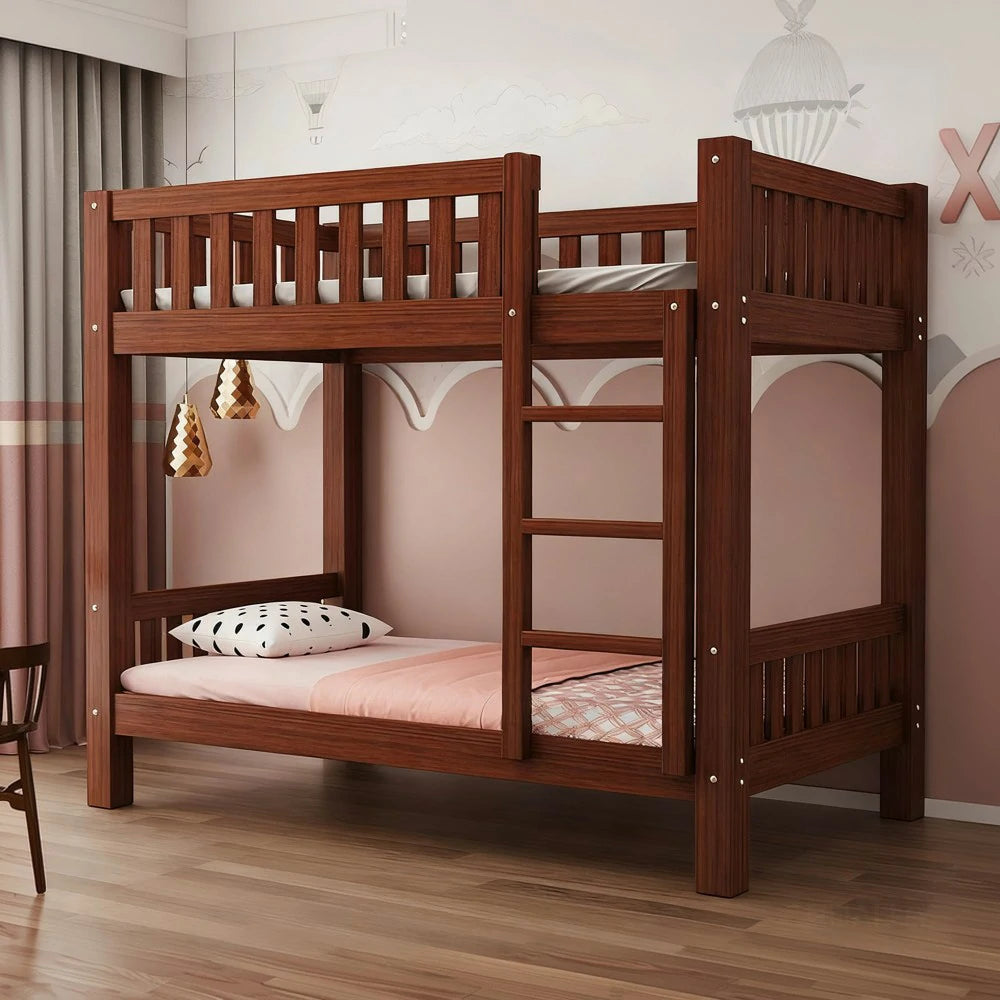 LUXORA Bunk Bed Eco-Friendly Solid Wood, 120/135/150cm, Wide Ladder with Protective Handrails, Reinforced Frame - Brown