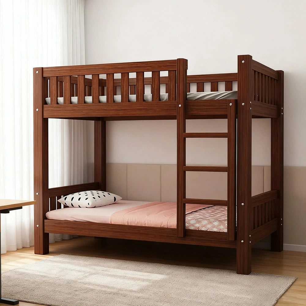 LUXORA Bunk Bed Eco-Friendly Solid Wood, 120/135/150cm, Wide Ladder with Protective Handrails, Reinforced Frame - Brown