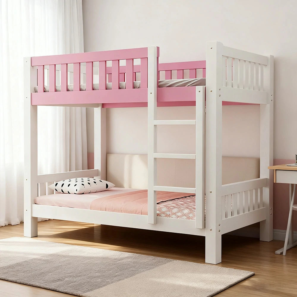 LUXORA Bunk Bed Eco-Friendly Solid Wood, 120/135/150cm, Wide Ladder with Protective Handrails, Reinforced Frame - Pink
