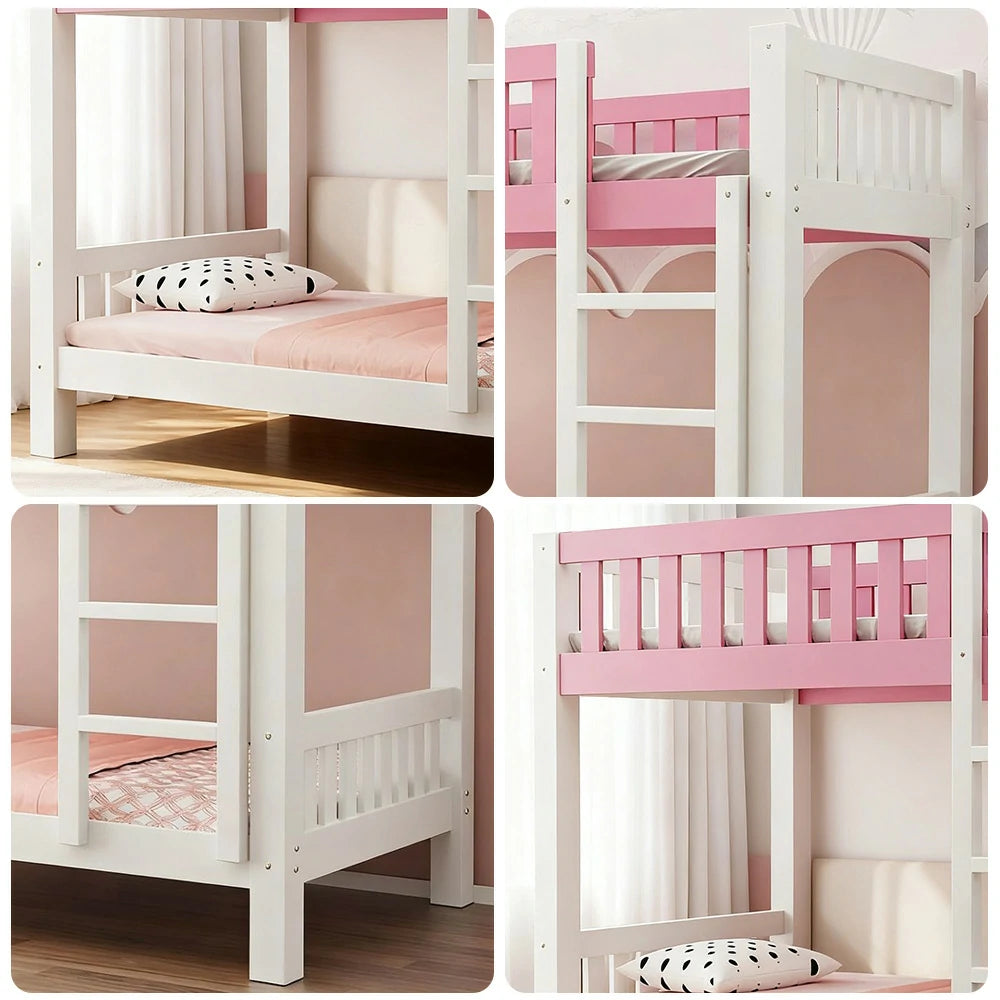 LUXORA Bunk Bed Eco-Friendly Solid Wood, 120/135/150cm, Wide Ladder with Protective Handrails, Reinforced Frame - Pink