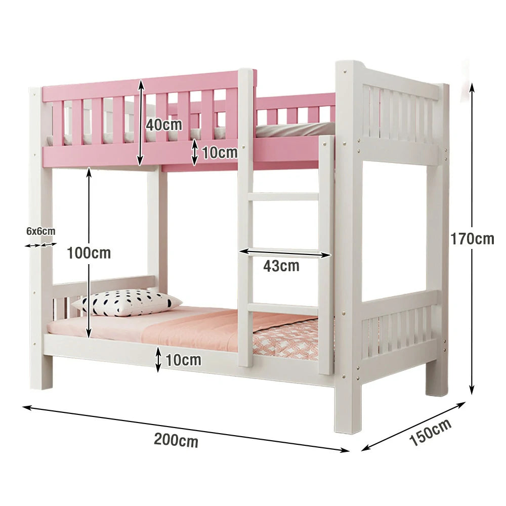 LUXORA Bunk Bed Eco-Friendly Solid Wood, 120/135/150cm, Wide Ladder with Protective Handrails, Reinforced Frame - Pink
