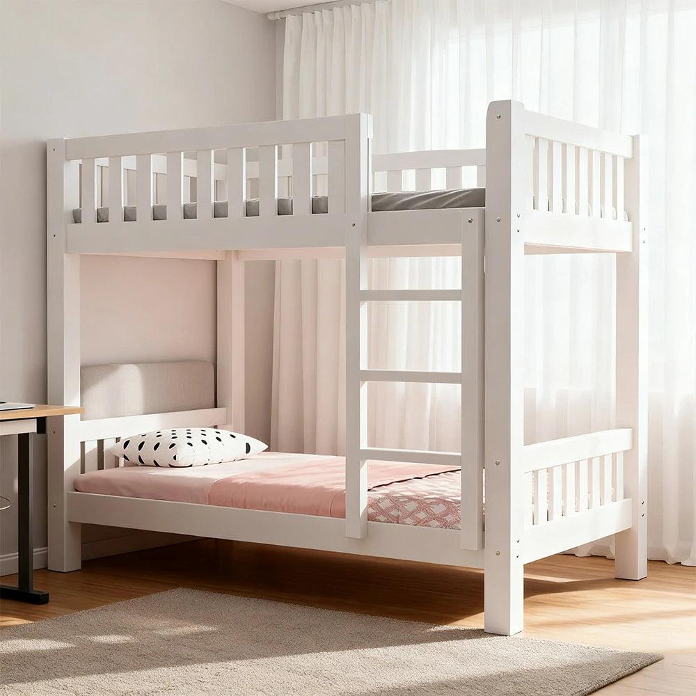 LUXORA Bunk Bed Eco-Friendly Solid Wood, 120/135/150cm, Wide Ladder with Protective Handrails, Reinforced Frame - White