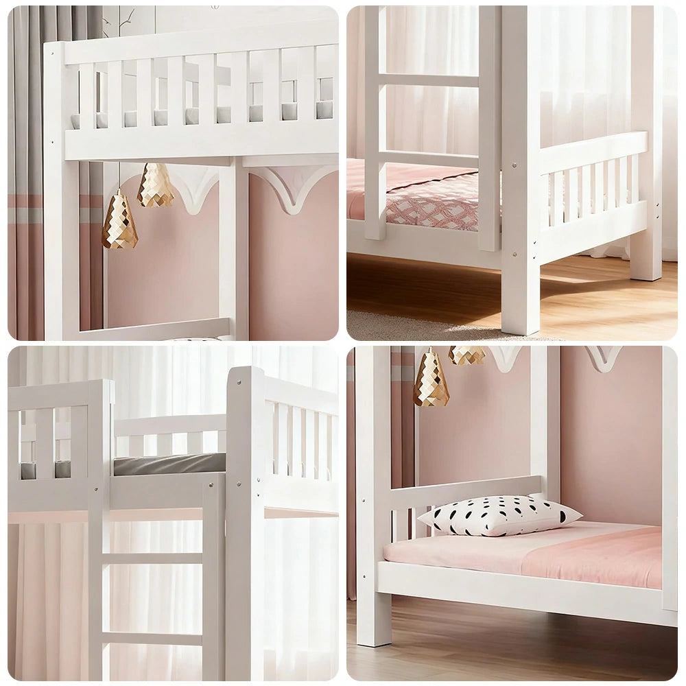 LUXORA Bunk Bed Eco-Friendly Solid Wood, 120/135/150cm, Wide Ladder with Protective Handrails, Reinforced Frame - White