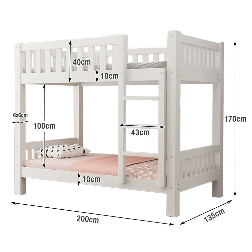 LUXORA Bunk Bed Eco-Friendly Solid Wood, 120/135/150cm, Wide Ladder with Protective Handrails, Reinforced Frame - White