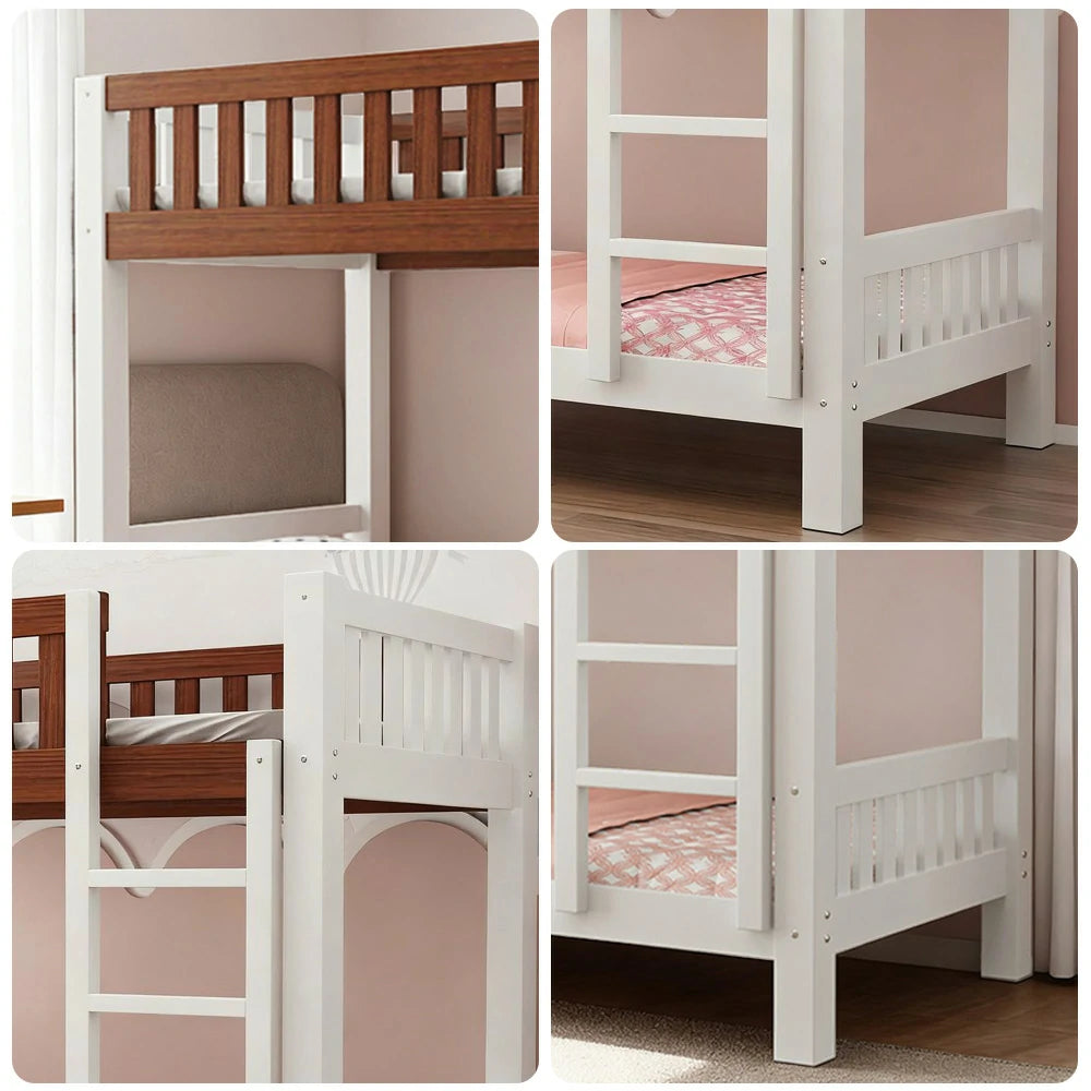 LUXORA Bunk Bed Eco-Friendly Solid Wood, 120/135/150cm, Wide Ladder with Protective Handrails, Reinforced Frame - White and Brown