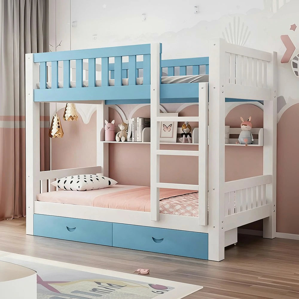 LUXORA Bunk Bed Eco-Friendly Solid Wood, 120/135/150cm, Built-in Bookshelf, Dual Under-Bed Storage Drawers, Flexible Ladder - Blue