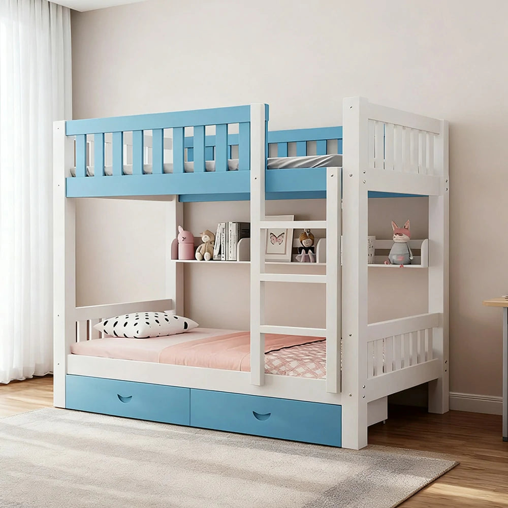 LUXORA Bunk Bed Eco-Friendly Solid Wood, 120/135/150cm, Built-in Bookshelf, Dual Under-Bed Storage Drawers, Flexible Ladder - Blue