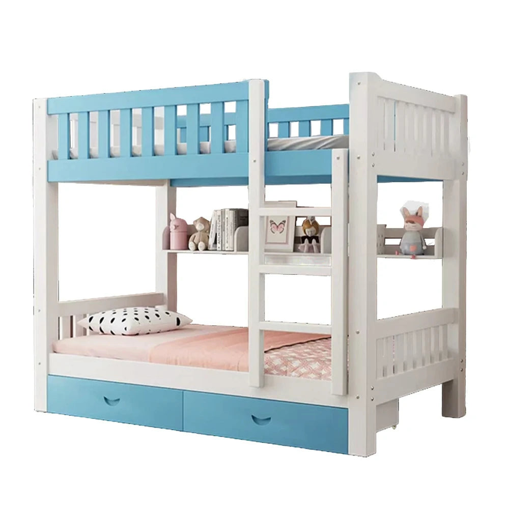 LUXORA Bunk Bed Eco-Friendly Solid Wood, 120/135/150cm, Built-in Bookshelf, Dual Under-Bed Storage Drawers, Flexible Ladder - Blue