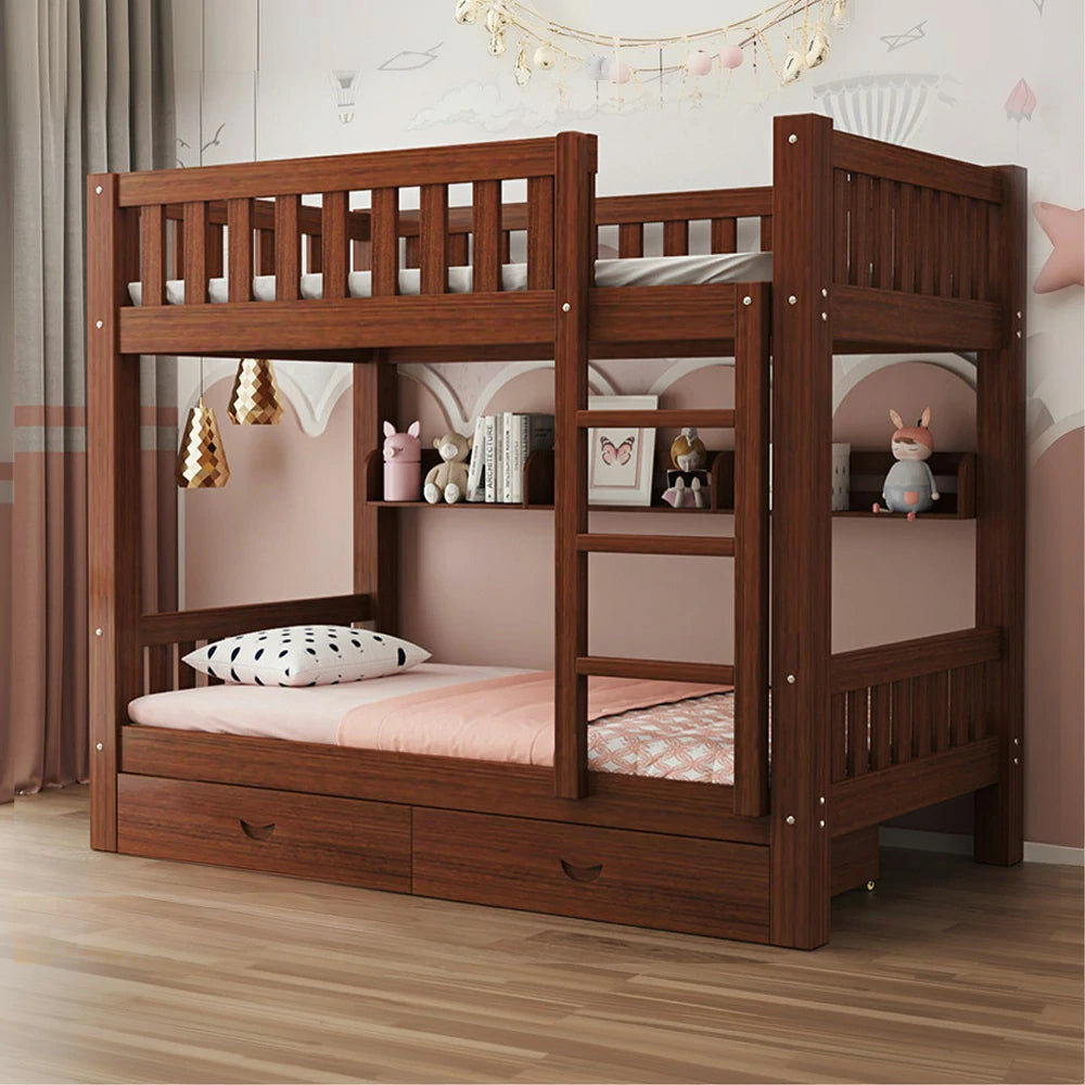 LUXORA Bunk Bed Eco-Friendly Solid Wood, 120/135/150cm, Built-in Bookshelf, Dual Under-Bed Storage Drawers, Flexible Ladder - Brown