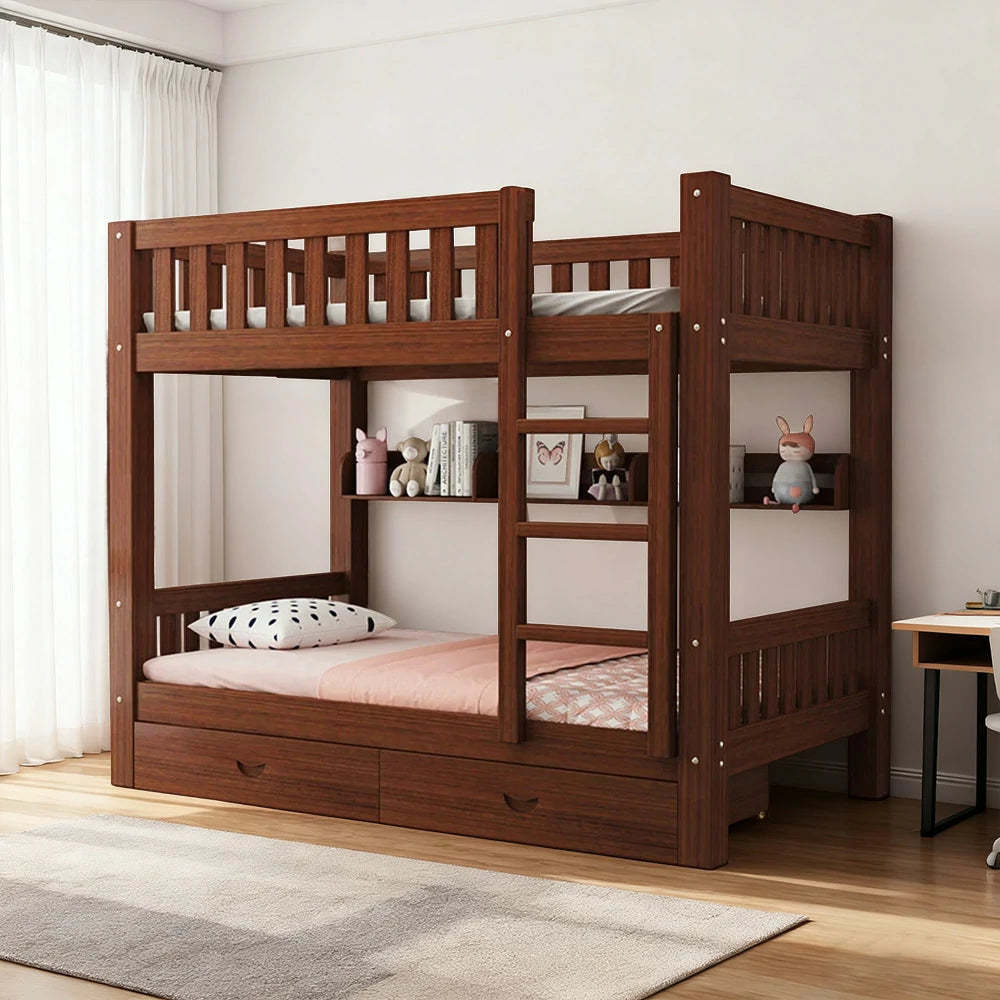 LUXORA Bunk Bed Eco-Friendly Solid Wood, 120/135/150cm, Built-in Bookshelf, Dual Under-Bed Storage Drawers, Flexible Ladder - Brown