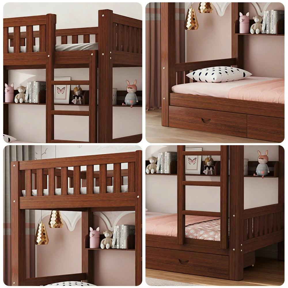 LUXORA Bunk Bed Eco-Friendly Solid Wood, 120/135/150cm, Built-in Bookshelf, Dual Under-Bed Storage Drawers, Flexible Ladder - Brown