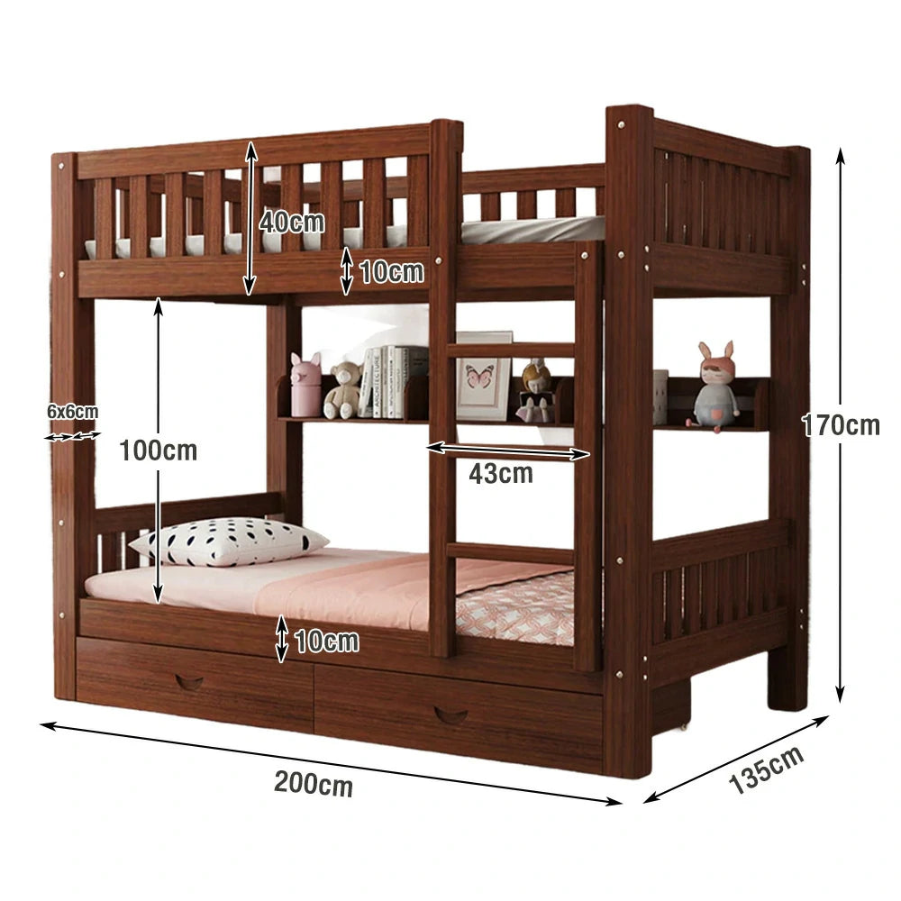 LUXORA Bunk Bed Eco-Friendly Solid Wood, 120/135/150cm, Built-in Bookshelf, Dual Under-Bed Storage Drawers, Flexible Ladder - Brown