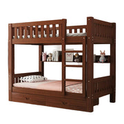 LUXORA Bunk Bed Eco-Friendly Solid Wood, 120/135/150cm, Built-in Bookshelf, Dual Under-Bed Storage Drawers, Flexible Ladder - Brown