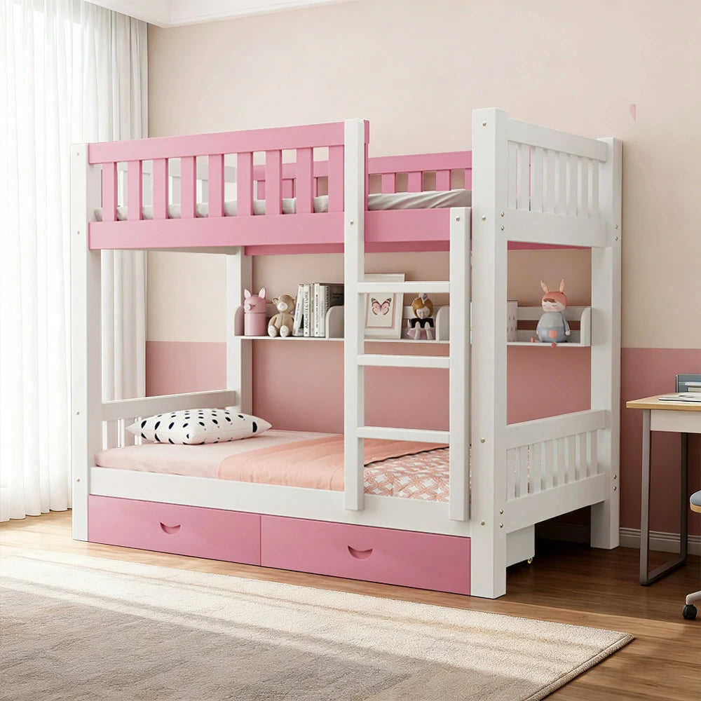 LUXORA Bunk Bed Eco-Friendly Solid Wood, 120/135/150cm, Built-in Bookshelf, Dual Under-Bed Storage Drawers, Flexible Ladder - Pink