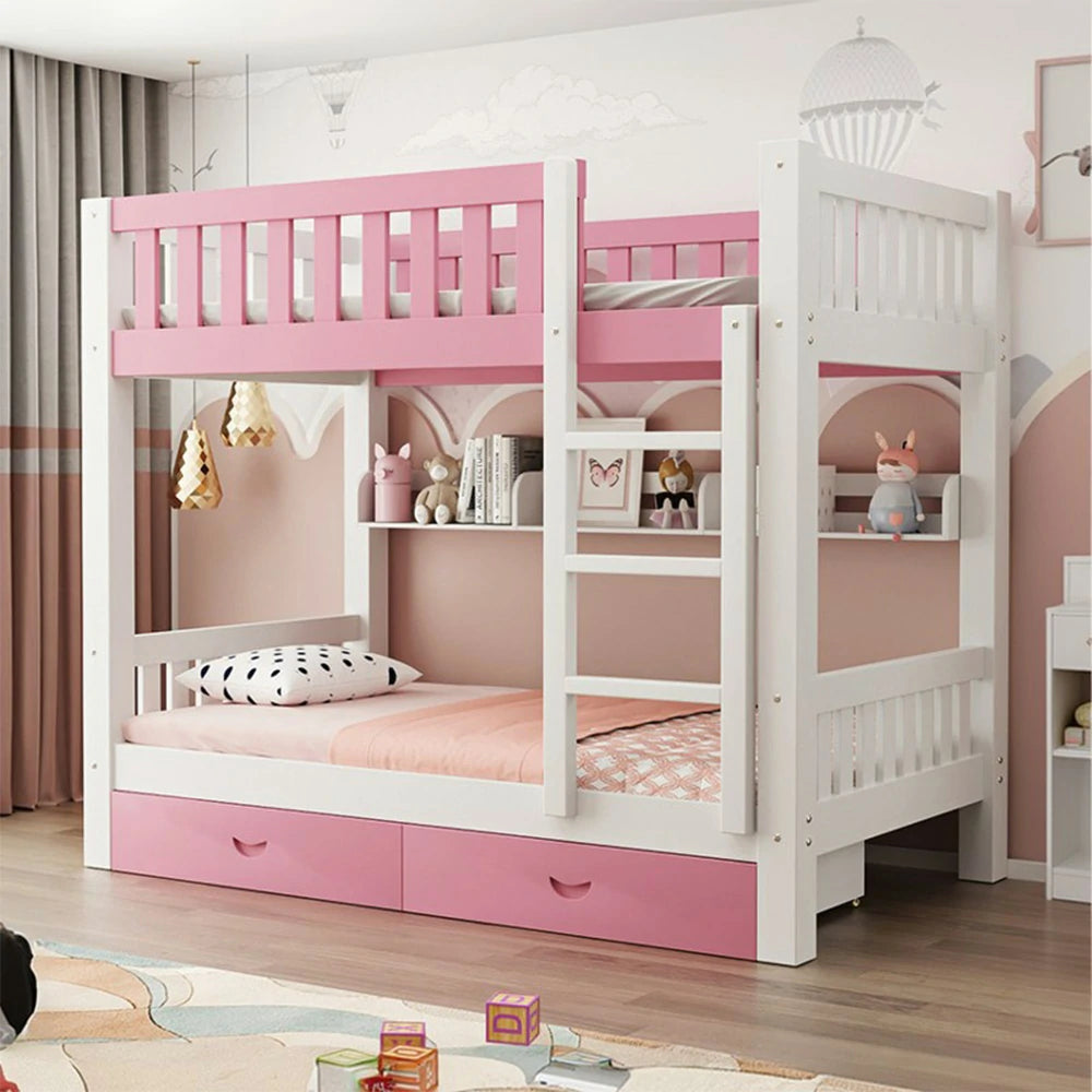 LUXORA Bunk Bed Eco-Friendly Solid Wood, 120/135/150cm, Built-in Bookshelf, Dual Under-Bed Storage Drawers, Flexible Ladder - Pink