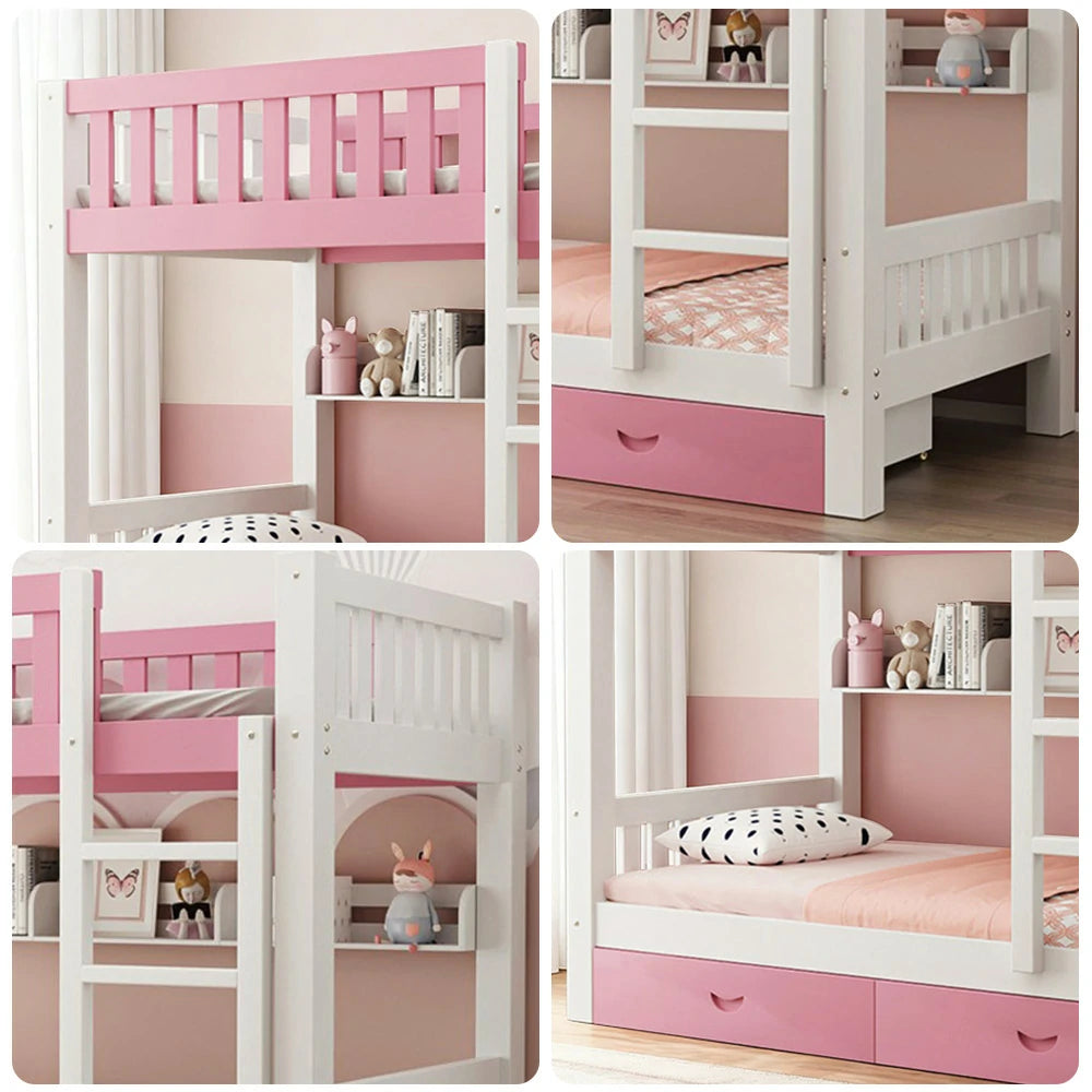 LUXORA Bunk Bed Eco-Friendly Solid Wood, 120/135/150cm, Built-in Bookshelf, Dual Under-Bed Storage Drawers, Flexible Ladder - Pink
