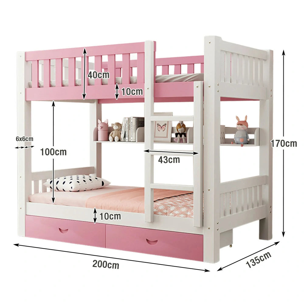 LUXORA Bunk Bed Eco-Friendly Solid Wood, 120/135/150cm, Built-in Bookshelf, Dual Under-Bed Storage Drawers, Flexible Ladder - Pink