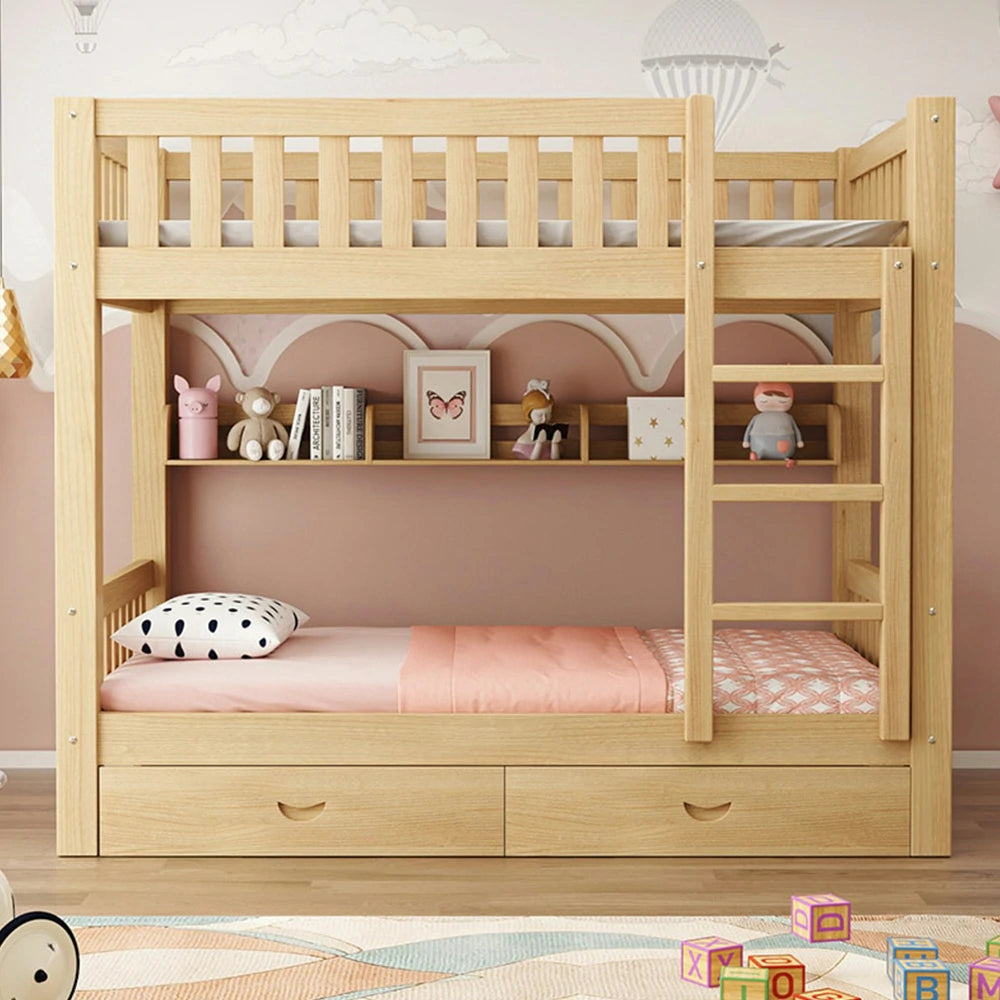 LUXORA Bunk Bed Eco-Friendly Solid Wood, 120/135/150cm, Built-in Bookshelf, Dual Under-Bed Storage Drawers, Flexible Ladder - Wood