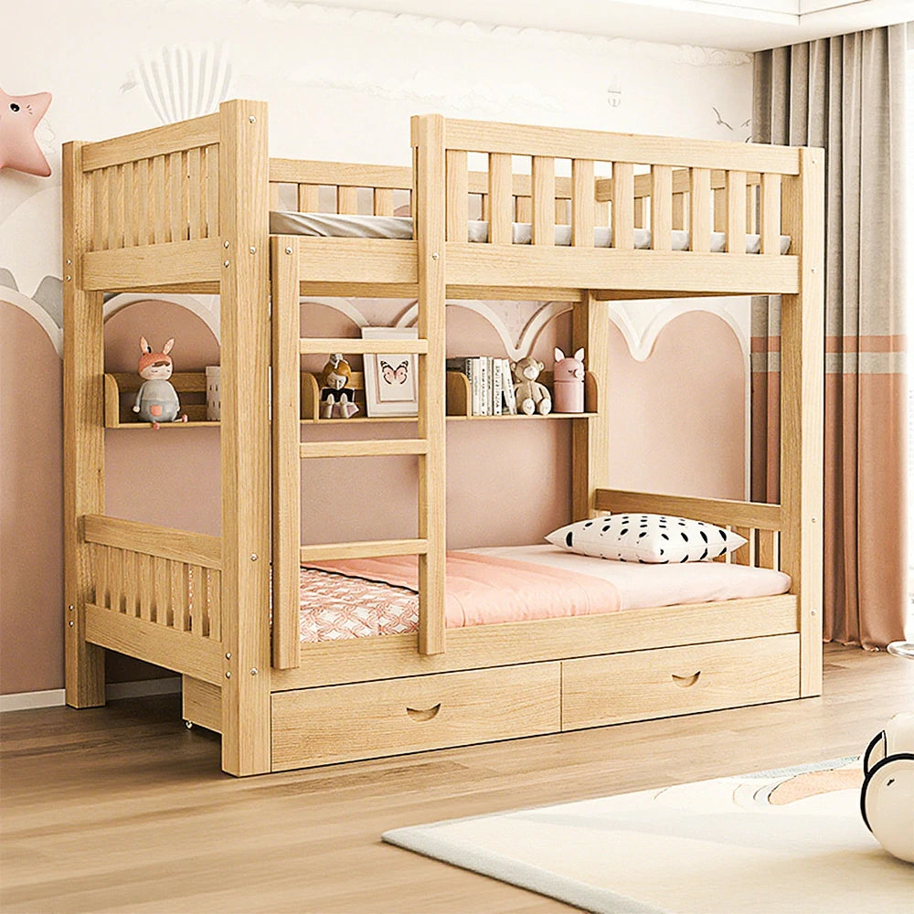 LUXORA Bunk Bed Eco-Friendly Solid Wood, 120/135/150cm, Built-in Bookshelf, Dual Under-Bed Storage Drawers, Flexible Ladder - Wood