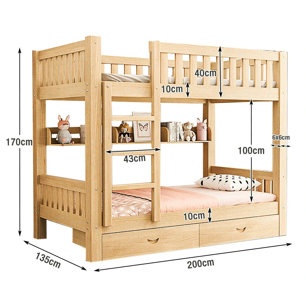 LUXORA Bunk Bed Eco-Friendly Solid Wood, 120/135/150cm, Built-in Bookshelf, Dual Under-Bed Storage Drawers, Flexible Ladder - Wood