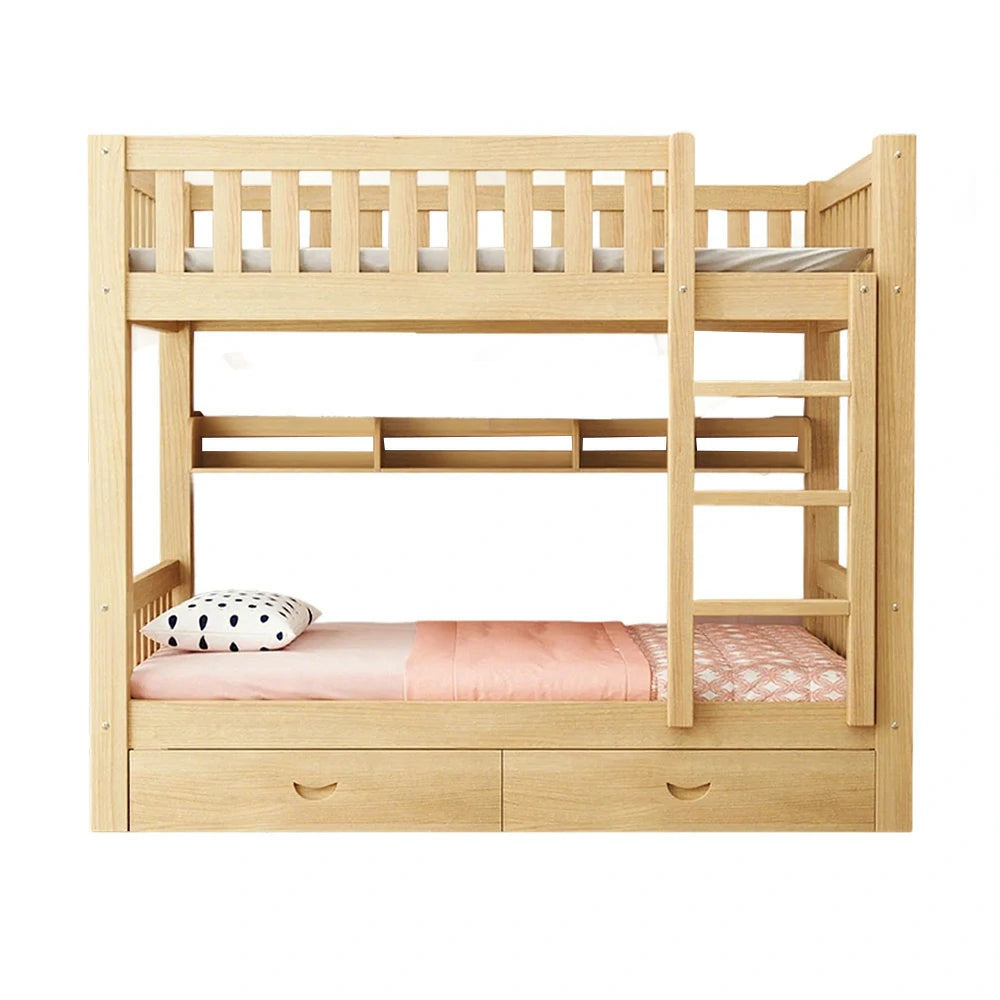 LUXORA Bunk Bed Eco-Friendly Solid Wood, 120/135/150cm, Built-in Bookshelf, Dual Under-Bed Storage Drawers, Flexible Ladder - Wood