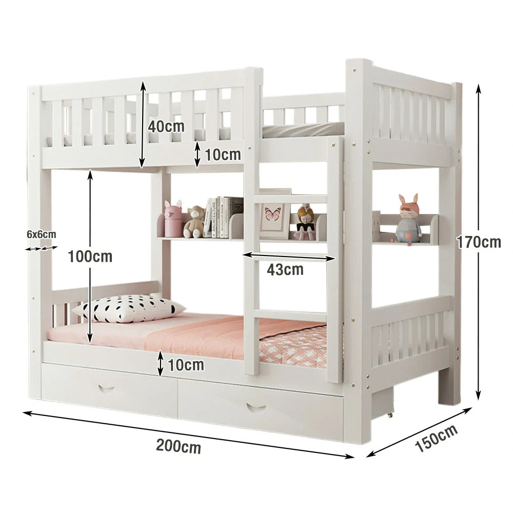 LUXORA Bunk Bed Eco-Friendly Solid Wood, 120/135/150cm, Built-in Bookshelf, Dual Under-Bed Storage Drawers, Flexible Ladder - White