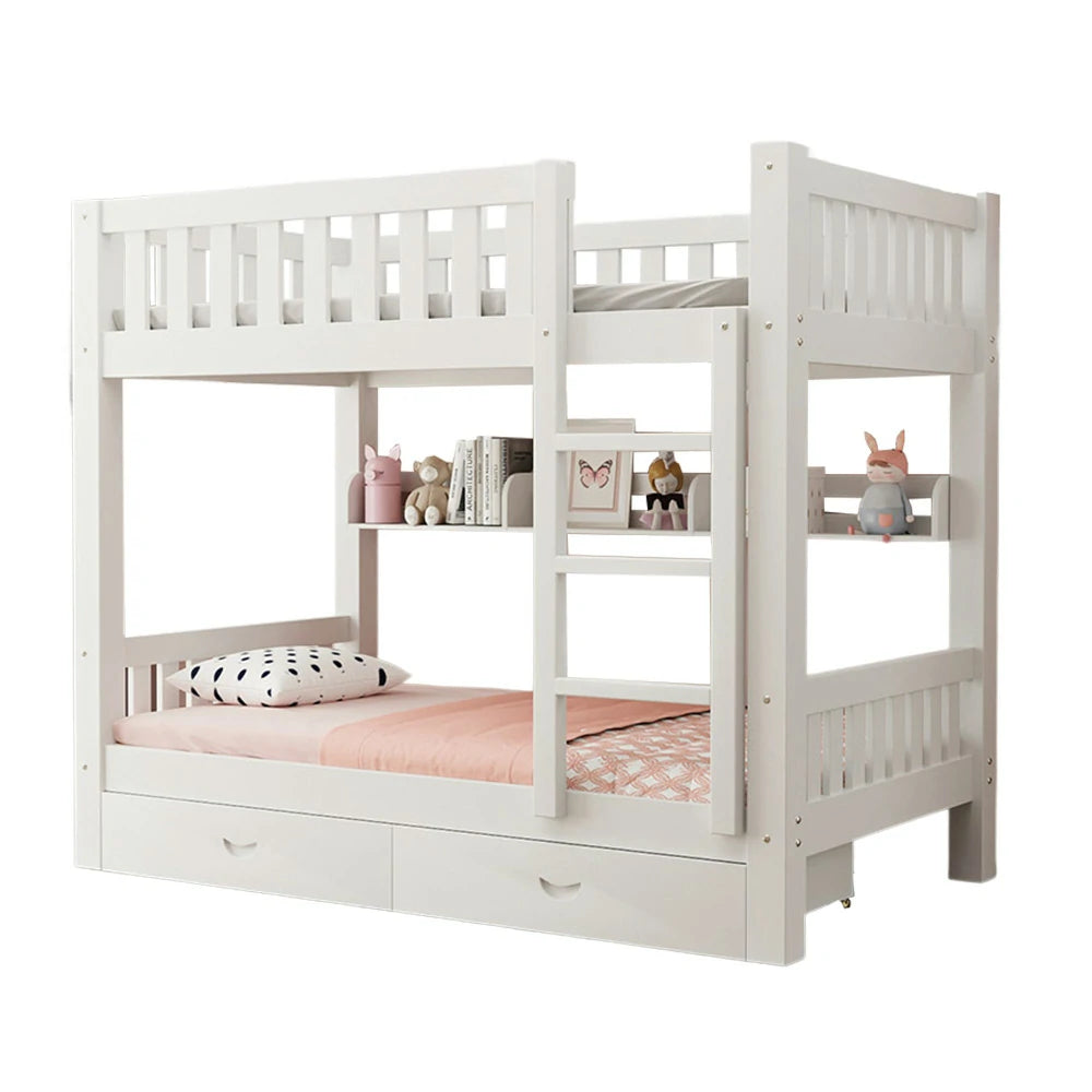 LUXORA Bunk Bed Eco-Friendly Solid Wood, 120/135/150cm, Built-in Bookshelf, Dual Under-Bed Storage Drawers, Flexible Ladder - White