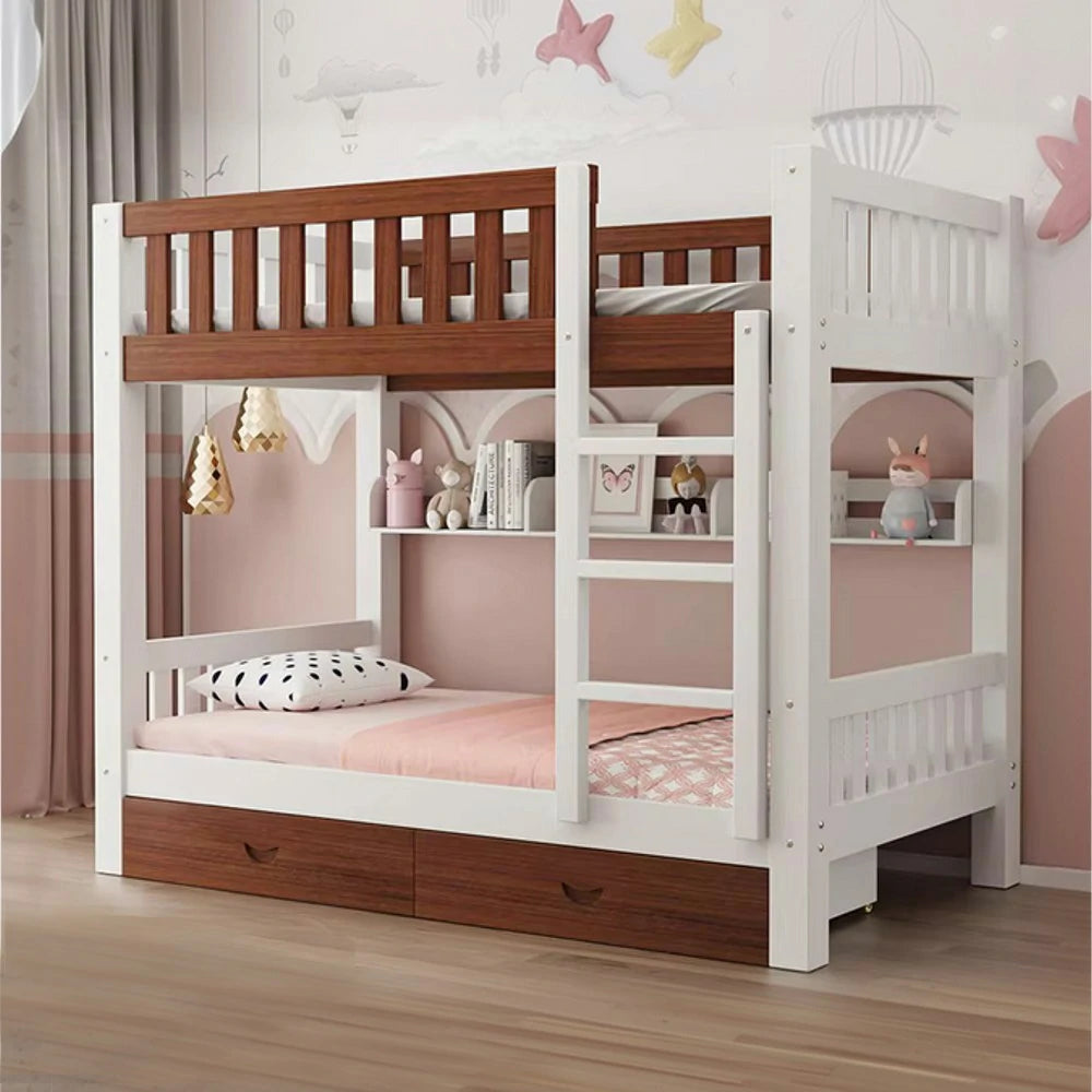 LUXORA Bunk Bed Eco-Friendly Solid Wood, 120/135/150cm, Built-in Bookshelf, Dual Under-Bed Storage Drawers, Flexible Ladder - White and Brown