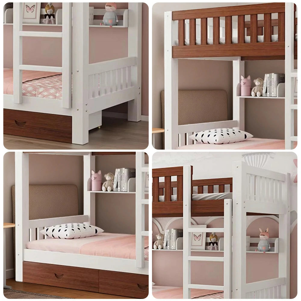 LUXORA Bunk Bed Eco-Friendly Solid Wood, 120/135/150cm, Built-in Bookshelf, Dual Under-Bed Storage Drawers, Flexible Ladder - White and Brown