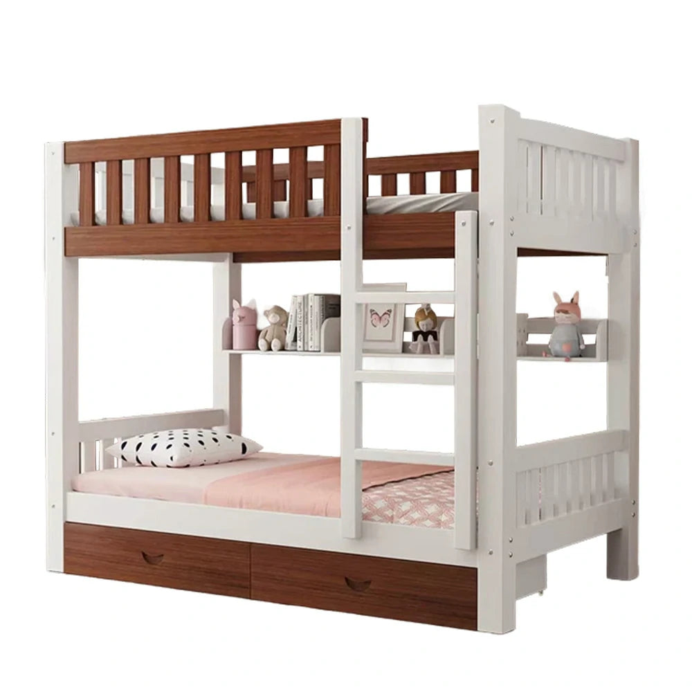 LUXORA Bunk Bed Eco-Friendly Solid Wood, 120/135/150cm, Built-in Bookshelf, Dual Under-Bed Storage Drawers, Flexible Ladder - White and Brown