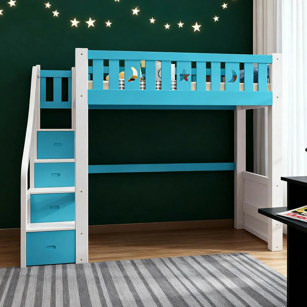 LUXORA Multifunctional Bunk Bed 120/135/150cm Eco-Friendly Solid Wood, 40cm Guardrails, Wide Safe Ladder - Blue