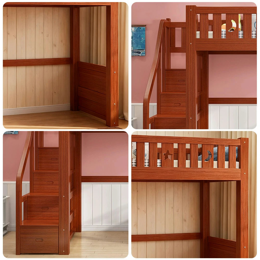 LUXORA Multifunctional Bunk Bed 120/135/150cm Eco-Friendly Solid Wood, 40cm Guardrails, Wide Safe Ladder - Brown