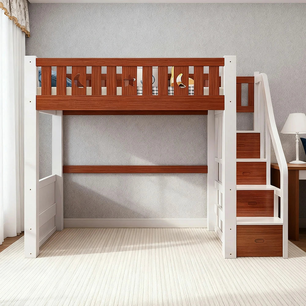 LUXORA Multifunctional Bunk Bed 120/135/150cm Eco-Friendly Solid Wood, 40cm Guardrails, Wide Safe Ladder - Brown & White