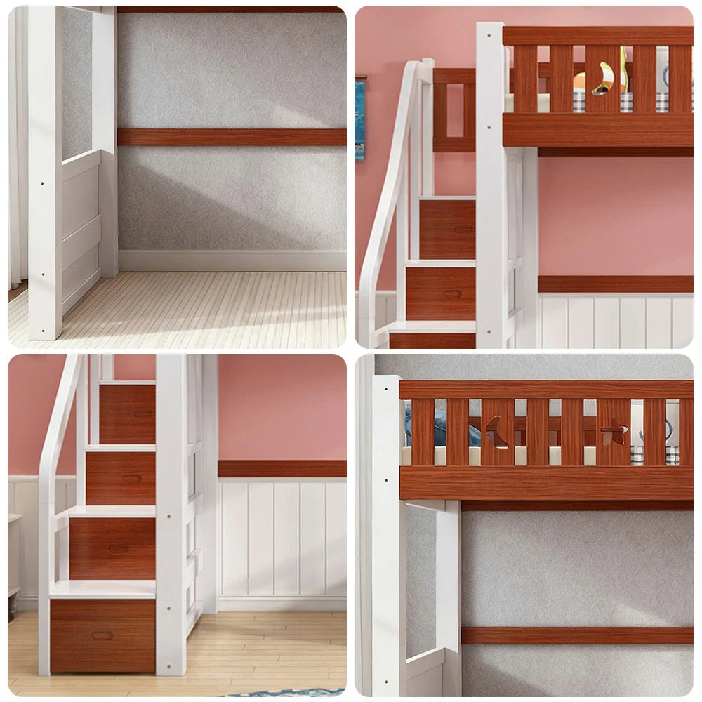 LUXORA Multifunctional Bunk Bed 120/135/150cm Eco-Friendly Solid Wood, 40cm Guardrails, Wide Safe Ladder - Brown & White