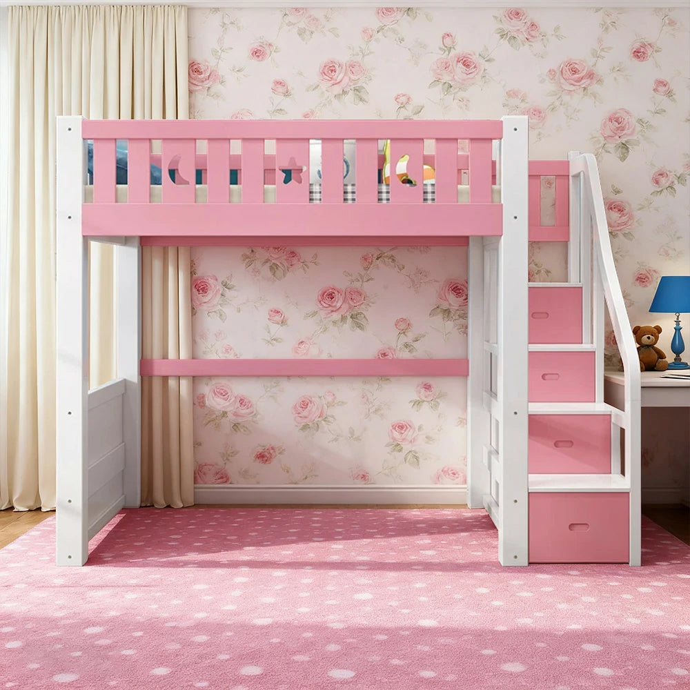 LUXORA Multifunctional Bunk Bed 120/135/150cm Eco-Friendly Solid Wood, 40cm Guardrails, Wide Safe Ladder - Pink