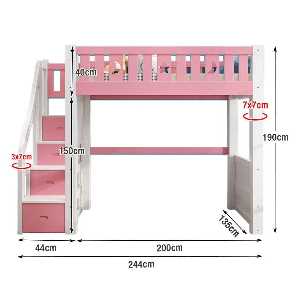 LUXORA Multifunctional Bunk Bed 120/135/150cm Eco-Friendly Solid Wood, 40cm Guardrails, Wide Safe Ladder - Pink