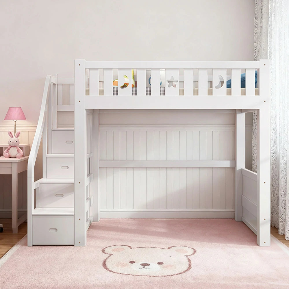 LUXORA Multifunctional Bunk Bed 120/135/150cm Eco-Friendly Solid Wood, 40cm Guardrails, Wide Safe Ladder - White