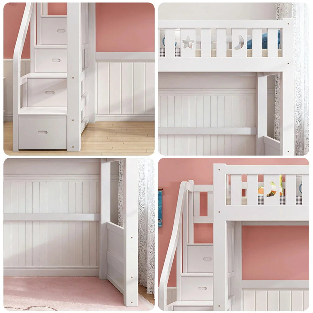 LUXORA Multifunctional Bunk Bed 120/135/150cm Eco-Friendly Solid Wood, 40cm Guardrails, Wide Safe Ladder - White