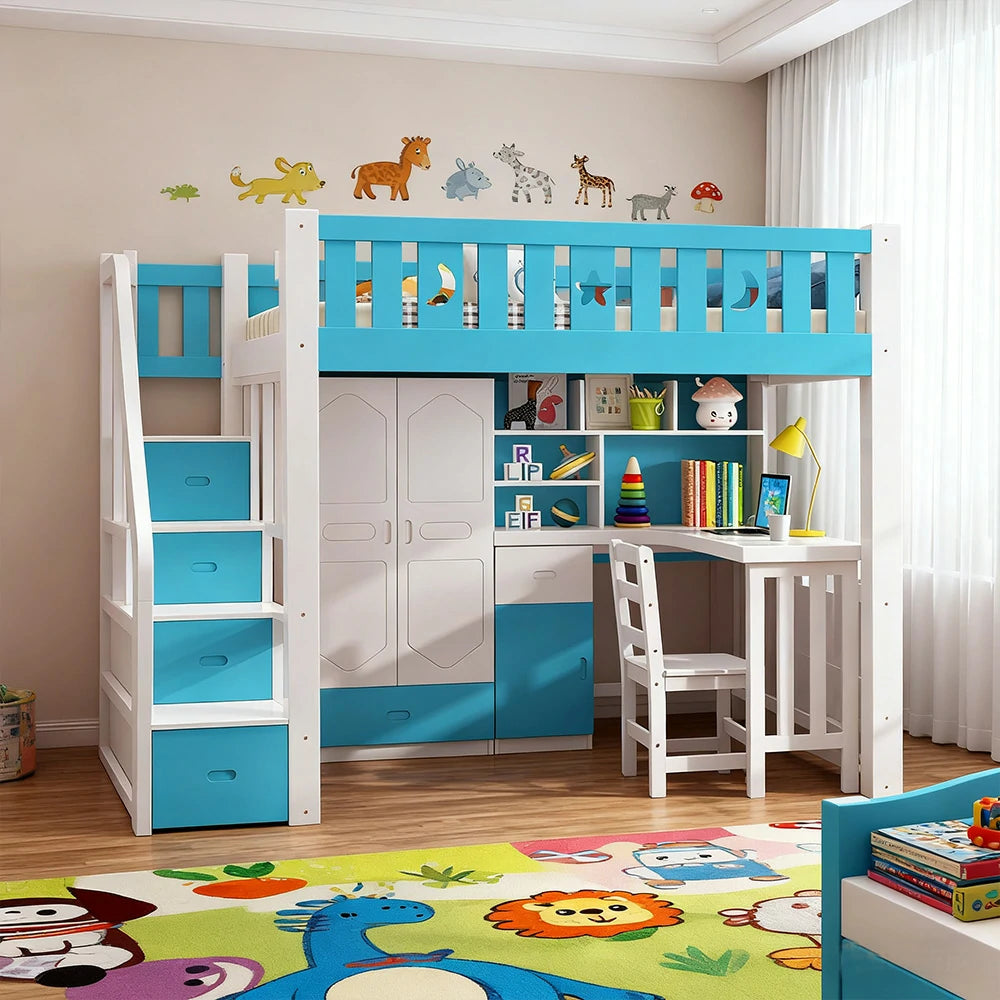 LUXORA Multifunctional Bunk Bed 120/135/150cm Eco-Friendly Solid Wood, 40cm Guardrails, Built-in Desk Bookshelf Wardrobe, Wide Safe Ladder - Blue