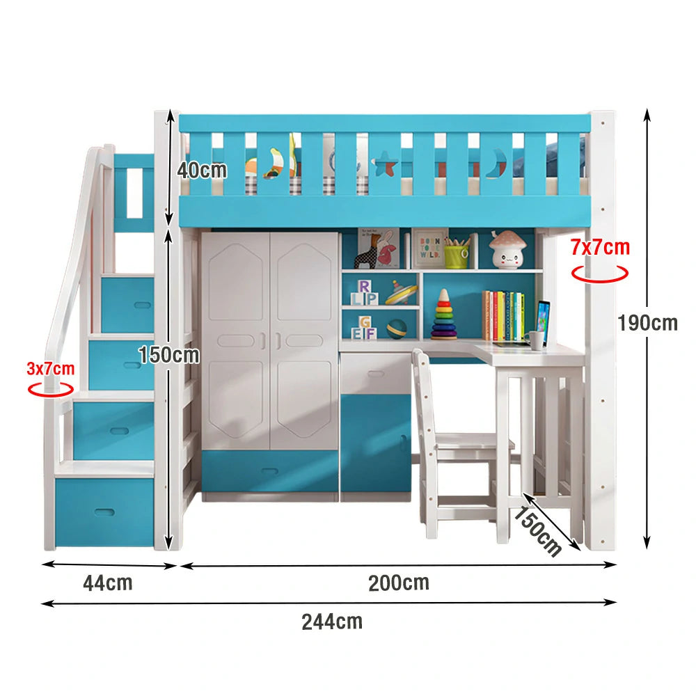 LUXORA Multifunctional Bunk Bed 120/135/150cm Eco-Friendly Solid Wood, 40cm Guardrails, Built-in Desk Bookshelf Wardrobe, Wide Safe Ladder - Blue