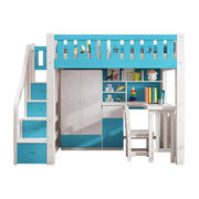 LUXORA Multifunctional Bunk Bed 120/135/150cm Eco-Friendly Solid Wood, 40cm Guardrails, Built-in Desk Bookshelf Wardrobe, Wide Safe Ladder - Blue