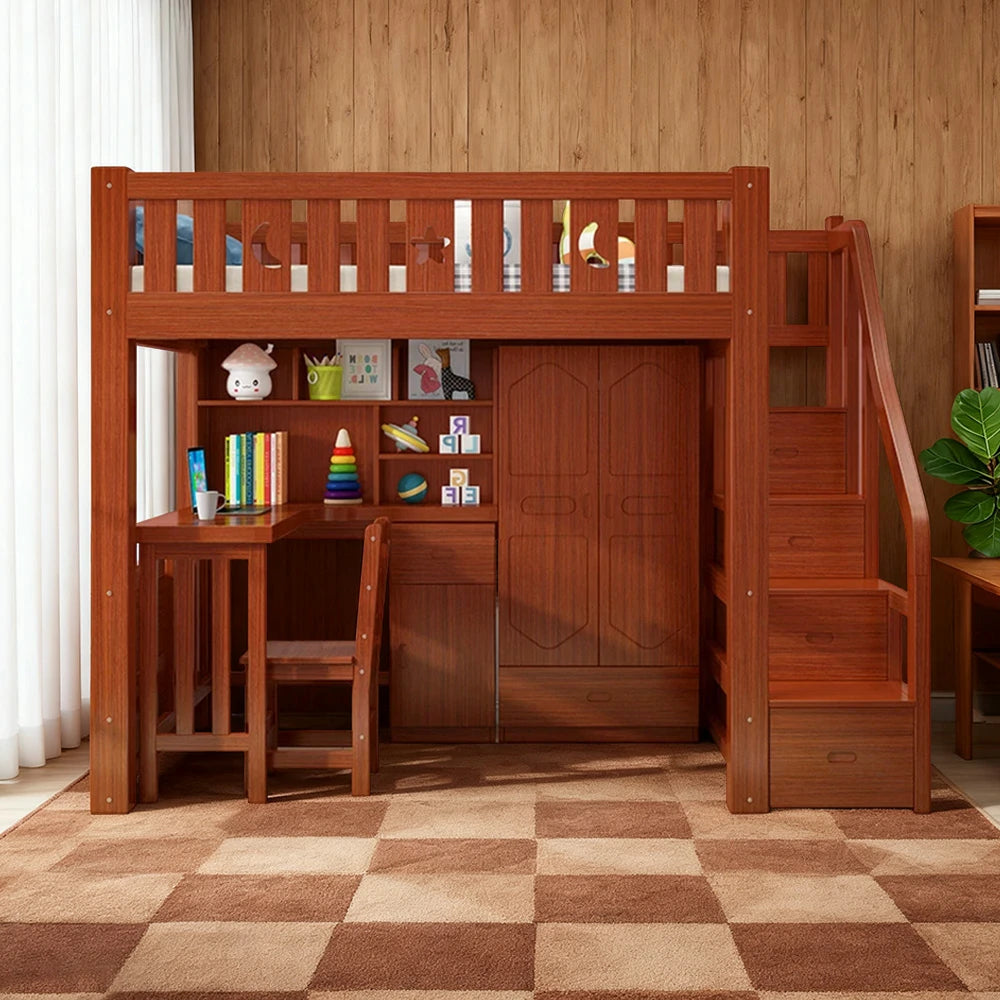LUXORA Multifunctional Bunk Bed 120/135/150cm Eco-Friendly Solid Wood, 40cm Guardrails, Built-in Desk Bookshelf Wardrobe, Wide Safe Ladder - Brown