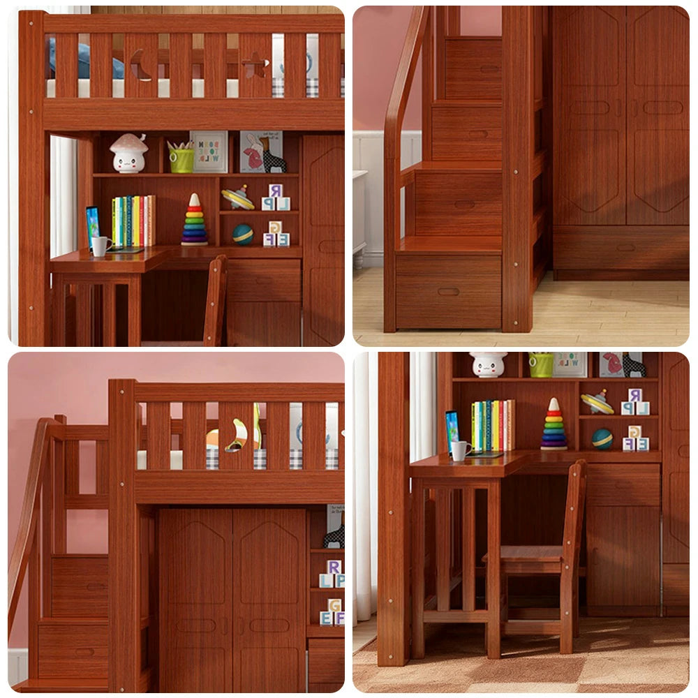 LUXORA Multifunctional Bunk Bed 120/135/150cm Eco-Friendly Solid Wood, 40cm Guardrails, Built-in Desk Bookshelf Wardrobe, Wide Safe Ladder - Brown