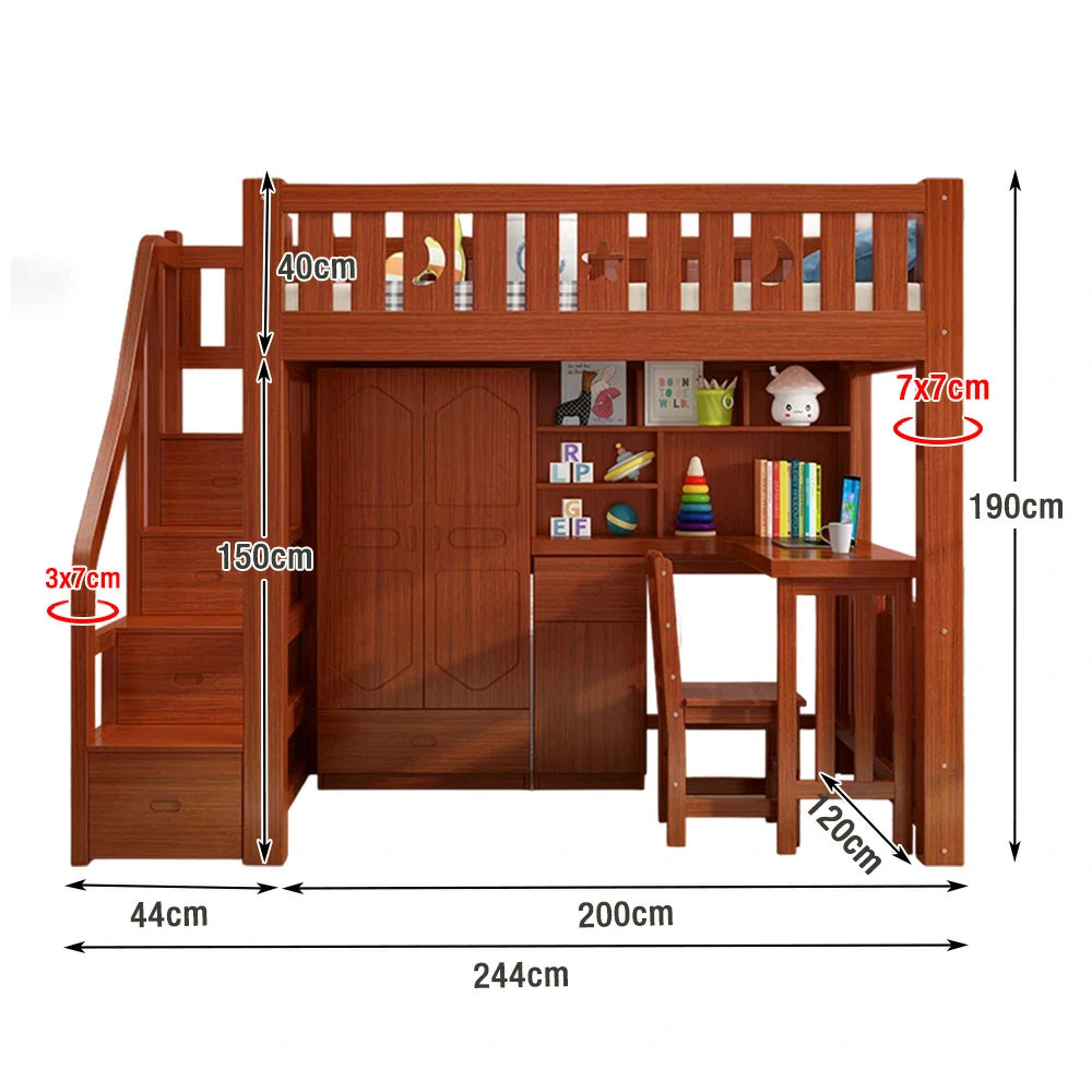 LUXORA Multifunctional Bunk Bed 120/135/150cm Eco-Friendly Solid Wood, 40cm Guardrails, Built-in Desk Bookshelf Wardrobe, Wide Safe Ladder - Brown