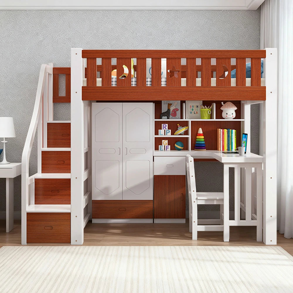 LUXORA Multifunctional Bunk Bed 120/135/150cm Eco-Friendly Solid Wood, 40cm Guardrails, Built-in Desk Bookshelf Wardrobe, Wide Safe Ladder - Brown and White