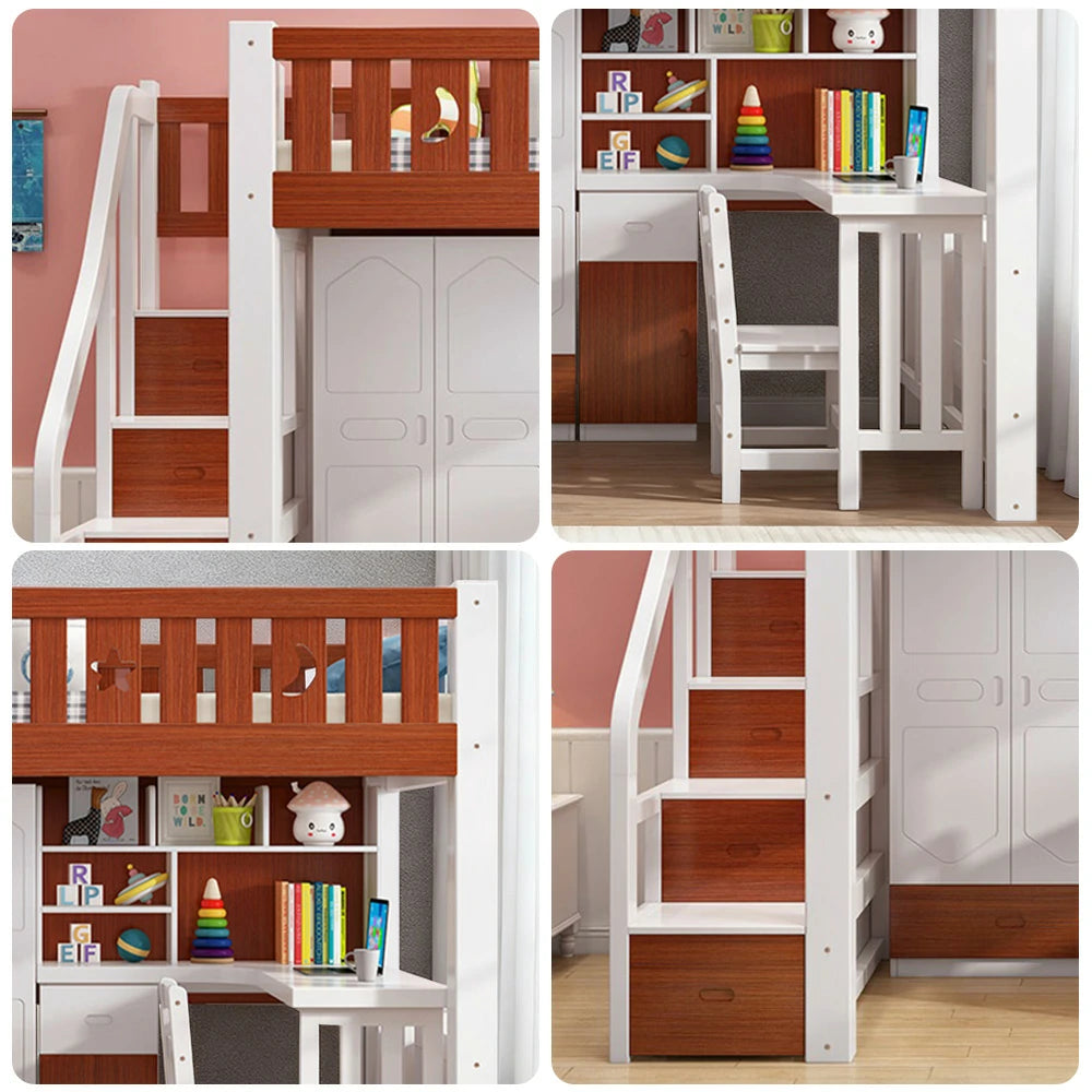 LUXORA Multifunctional Bunk Bed 120/135/150cm Eco-Friendly Solid Wood, 40cm Guardrails, Built-in Desk Bookshelf Wardrobe, Wide Safe Ladder - Brown and White