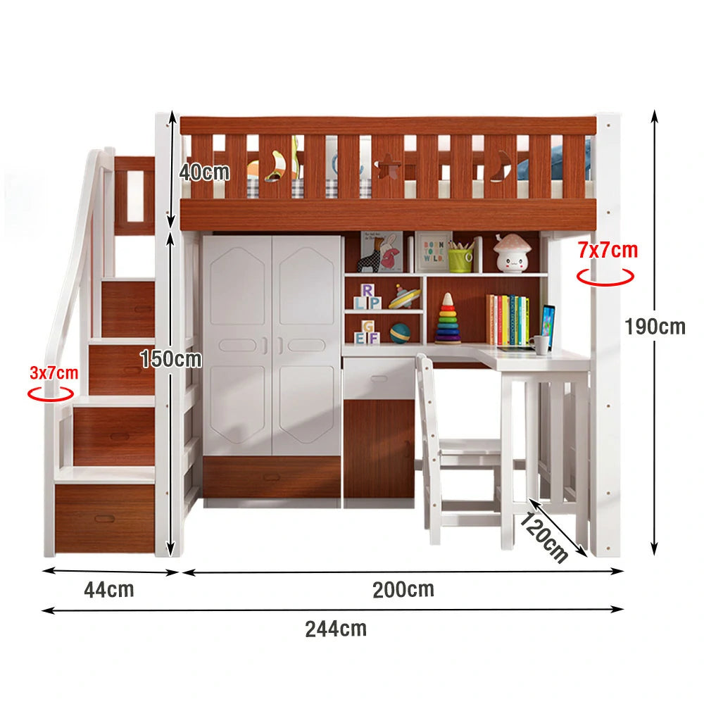 LUXORA Multifunctional Bunk Bed 120/135/150cm Eco-Friendly Solid Wood, 40cm Guardrails, Built-in Desk Bookshelf Wardrobe, Wide Safe Ladder - Brown and White
