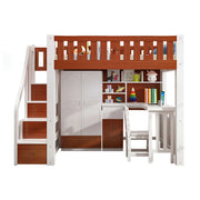 LUXORA Multifunctional Bunk Bed 120/135/150cm Eco-Friendly Solid Wood, 40cm Guardrails, Built-in Desk Bookshelf Wardrobe, Wide Safe Ladder - Brown and White
