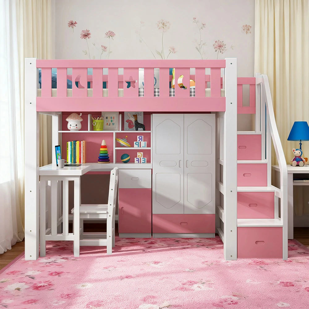 LUXORA Multifunctional Bunk Bed 120/135/150cm Eco-Friendly Solid Wood, 40cm Guardrails, Built-in Desk Bookshelf Wardrobe, Wide Safe Ladder - Pink