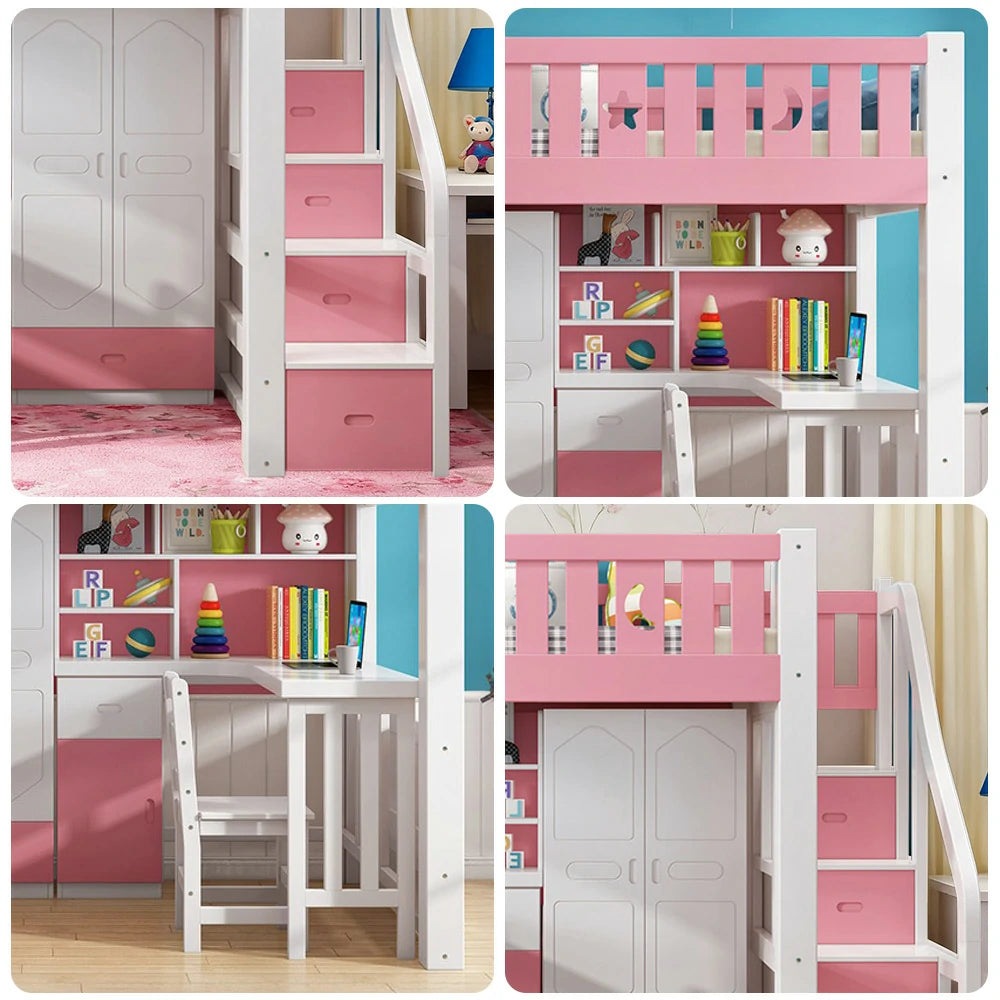 LUXORA Multifunctional Bunk Bed 120/135/150cm Eco-Friendly Solid Wood, 40cm Guardrails, Built-in Desk Bookshelf Wardrobe, Wide Safe Ladder - Pink